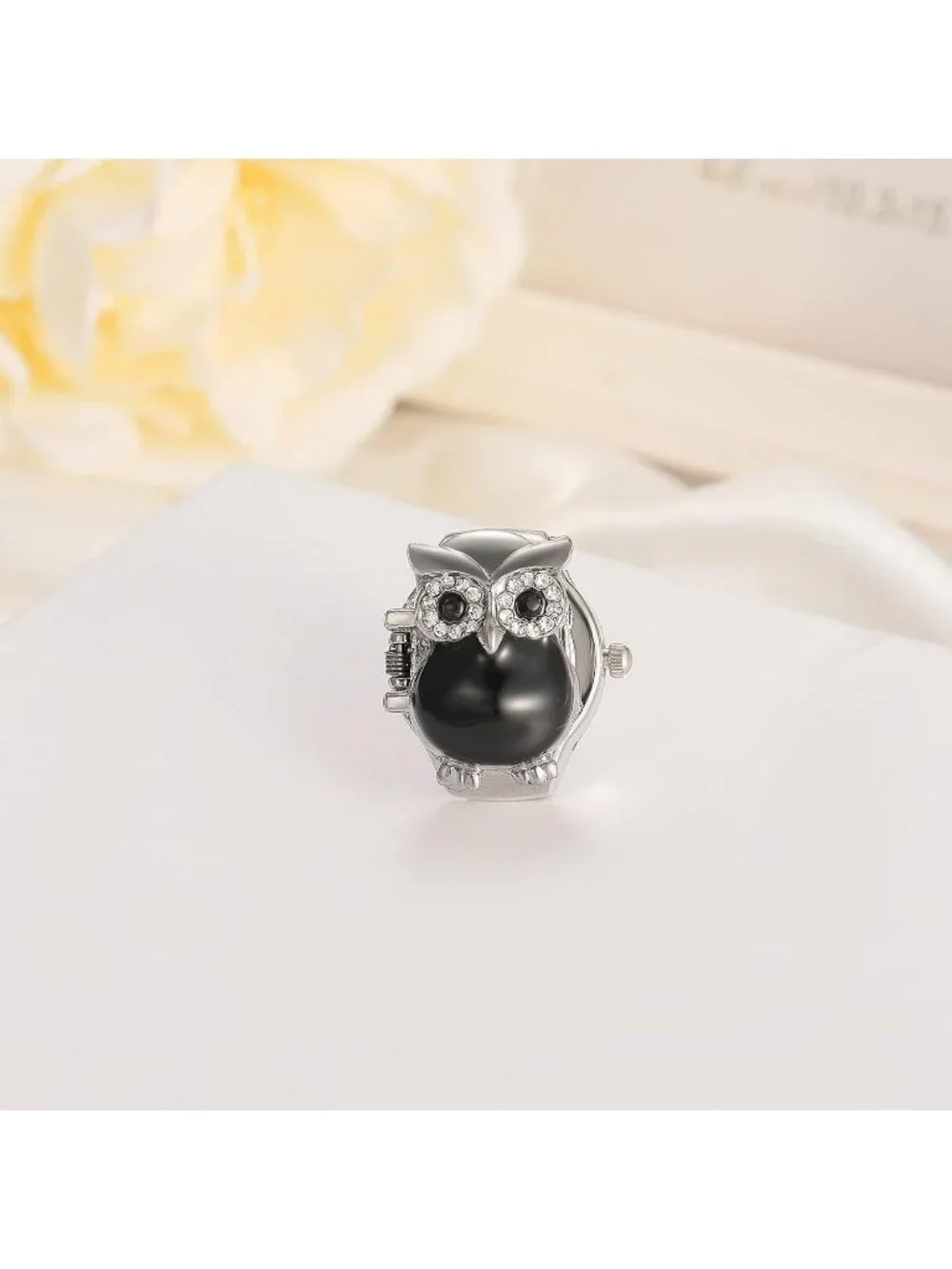 Unisex Black Analog Quartz Stylish Owl Flip-Open Cover Adjustable Ring Watch